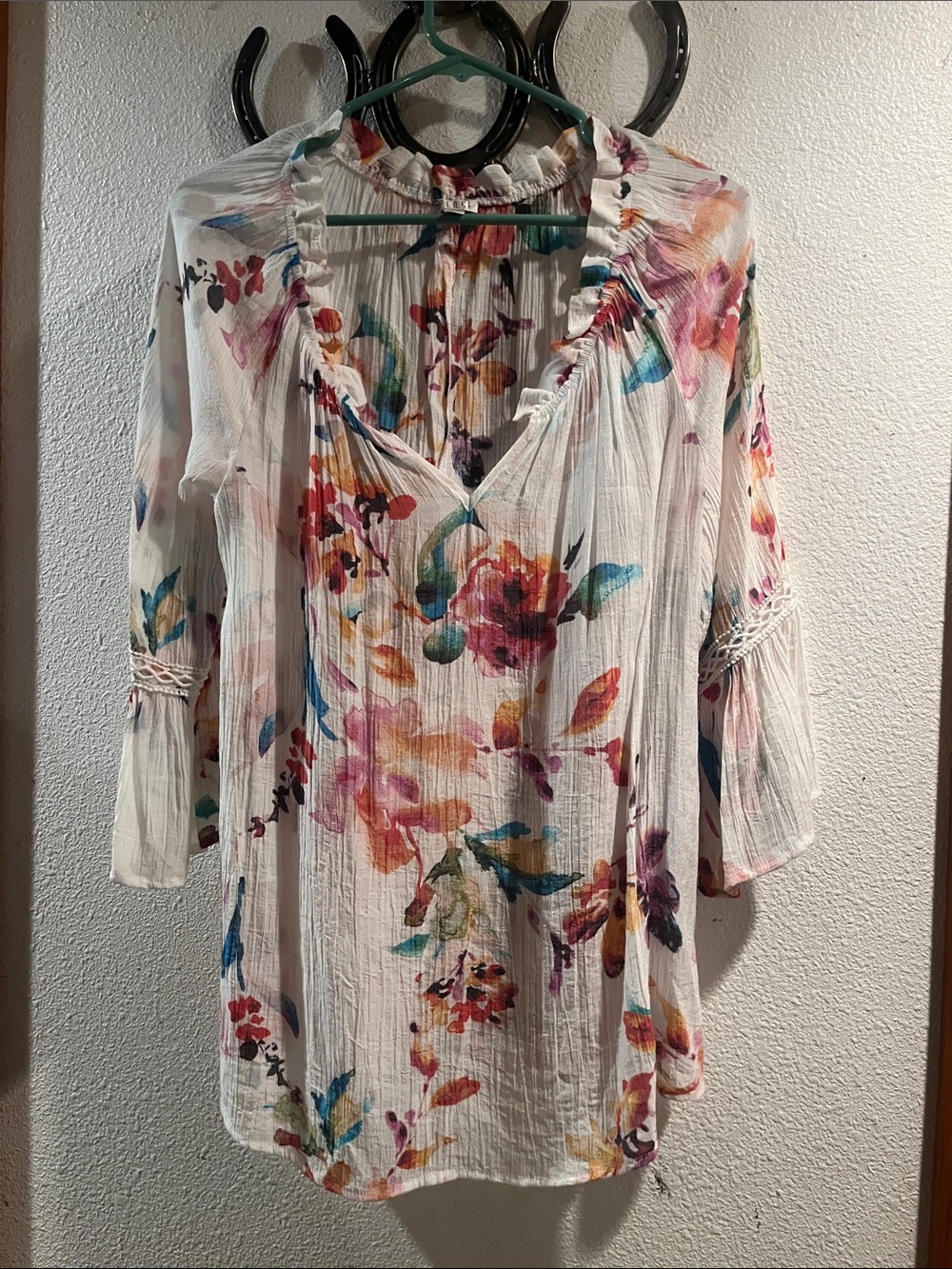 Boho Spense White watercolor Floral V-Neck Ruffle Tunic